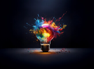 Aufkleber - A lightbulb explodes in a vibrant burst of multicolored paint, symbolizing creativity and innovation.  The dark background emphasizes the bright, energetic explosion of color.
