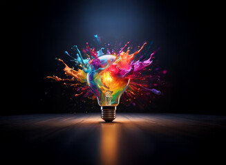 Aufkleber - A lightbulb explodes in a vibrant burst of colorful paint, illuminating a dark background.  The image symbolizes creativity, innovation, and inspiration.