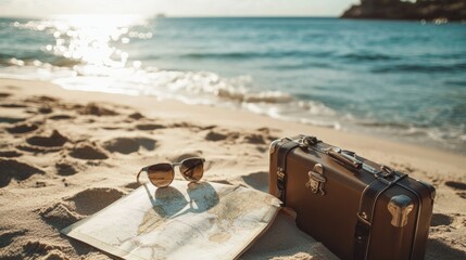 Poster - Luggage and sunglasses on sandy beach with a map hinting at sunny adventures by the ocean. Generative AI