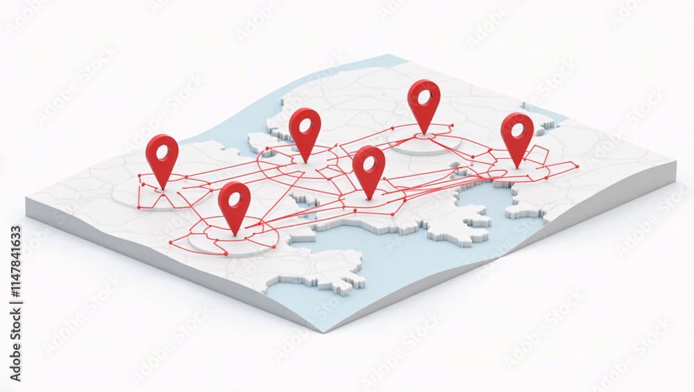 3D Map Featuring Red Location Pins and Network Lines, Highlighting GIS ...