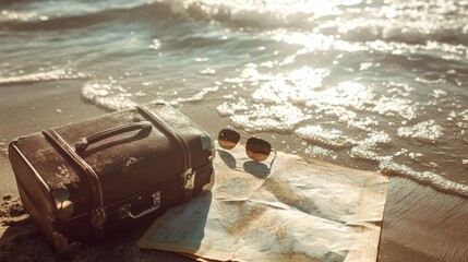Poster - Luggage and sunglasses on sandy beach with a map during sunset by the ocean. Generative AI
