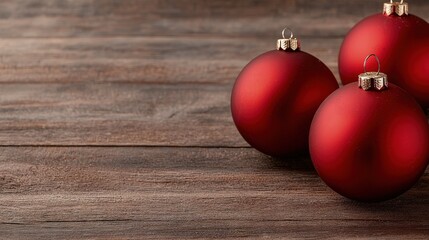 Wall Mural - Three red Christmas baubles on rustic wooden surface.