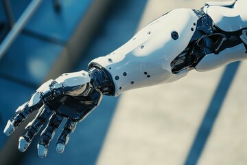Leinwandbilder - Prosthetic arm demonstrating advanced functionality in a dynamic environment with ample copy space. Generative AI