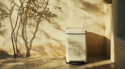 Wall Mural - Modern Minimalist Trash Bin Against Warm Textured Wall