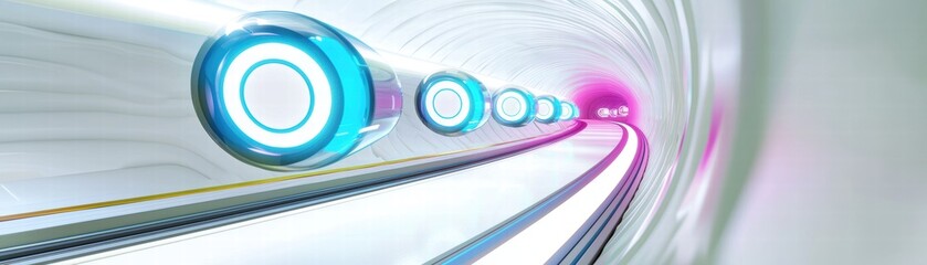 Wall Mural - A futuristic tunnel with glowing circular elements, creating a vibrant sense of motion and technology, High-tech spiral corridor with holographs