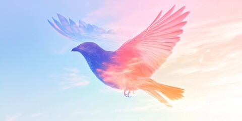 Wall Mural - A colorful bird flying in the sky. The bird is multicolored and has a long tail