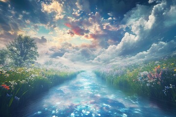 Wall Mural - A beautiful blue river with a tree on the left side. The sky is cloudy and the sun is setting