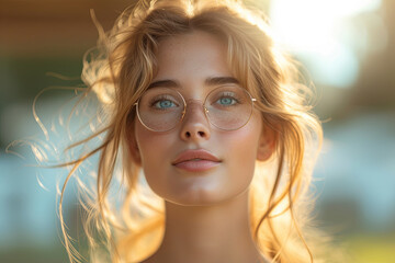 Young caucasian woman with blonde hair and blue eyes is wearing glasses