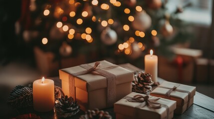 Aufkleber - Gift boxes, ribbons, and candles arranged beautifully for a festive celebration during the holiday season. Generative AI