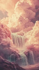 Wall Mural - A waterfall is shown in the sky with pink clouds. The waterfall is surrounded by rocks. The waterfall is very large and is surrounded by a lot of pink clouds