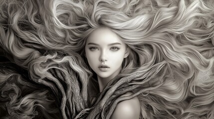 A haunting black and white portrait depicting a woman with flowing hair merging seamlessly into a tree trunk, with roots intertwining with her body, creating a surreal and otherworldly effect.