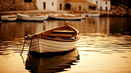 Wall Mural - Small wooden boat in calm harbor water at sunset, near village.