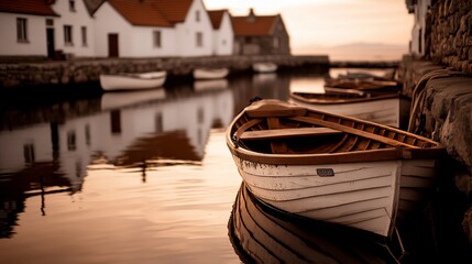 Wall Mural - Calm harbor scene with wooden rowboats moored at sunset, reflecting houses.