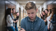 © lastfurianec - A teenage boy standing in a school hallway. He hunched his shoulders, lowered his eyes, and blushed. In the background is a group of students who are laughing and looking in his direction.