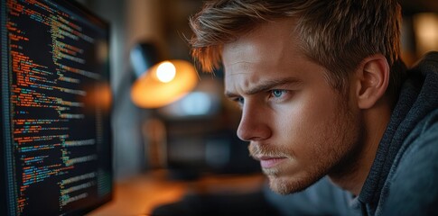 Focused programmer intensely reviewing code on computer screen at night.