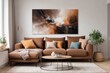 © Nirwasita - brown corner sofa with decorative cushions standing in a bright living room interior with an abstract painting