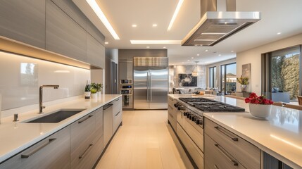 Fototapete - Modern kitchen featuring sleek design with natural light and water filter for clean living. Generative AI