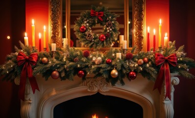 Wall Mural - Festive holiday mantel decor with candles