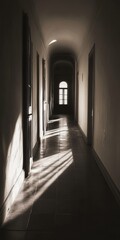 Wall Mural - A long hallway with a window in the middle. The light is shining on the floor. There are two doors on the left side of the hallway