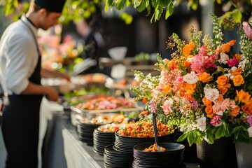 Wall Mural - Chef preparing food at outdoor buffet with flower arrangement