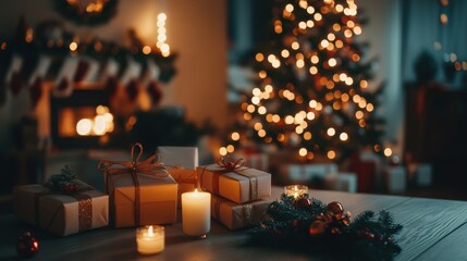 Poster - Gift boxes and candles arranged around a beautifully decorated Christmas tree in a cozy living room during the holiday season. Generative AI