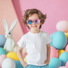 Wall Mural - Easter tshirt mock up kids. Baby boy model in sunglasses wearing white shirt, standing in colorful Easter holiday decorated nursery interior. Children's short sleeve shirt. Blank crewneck tee template