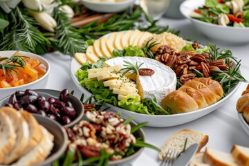 National Buffet Day.A beautifully arranged business lunch setup featuring fresh salads, assorted breads, cheese, nuts, and greens, set on a black tray in a modern dining area.