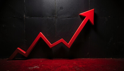 Wall Mural - bold red upward arrow graph symbolizing growth against a dark textured background