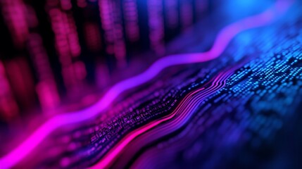 Abstract data flow visualization with glowing lines and code.