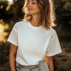 Wall Mural - Long hair young woman wearing basic white short sleeve t-shirt mock up, summer nature background. Women's regular сrewneck shirt mockup. Female model holiday, vacation outdoors lifestyle tee template