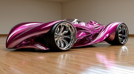 Futuristic Pink Sports Car on Wooden Floor