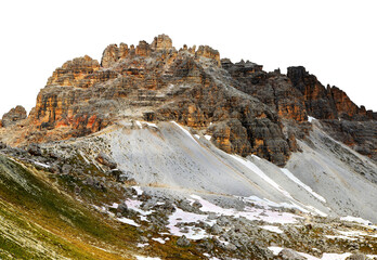 Wall Mural - Mountain landscape in Sexten Dolomites isolated on transparent PNG background. Mount Paternkofel in South Tyrol, Italy.