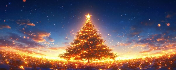 Wall Mural - Christmas tree glowing with lights and star against a blue bokeh background, festive holiday atmosphere, warm golden colors, perfect for seasonal celebrations and decoration ideas