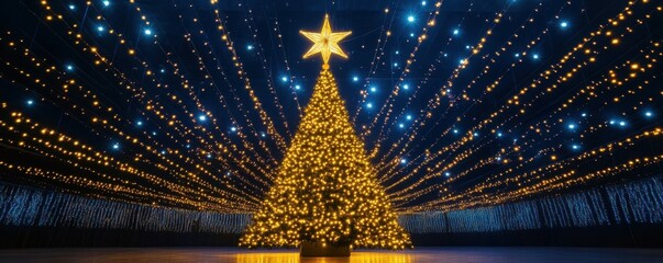 Wall Mural - Christmas tree glowing with lights and star against a blue bokeh background, festive holiday atmosphere, warm golden colors, perfect for seasonal celebrations and decoration ideas