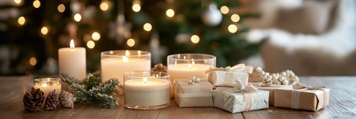 Aufkleber - Cozy holiday atmosphere with gift boxes, ribbons, and candles surrounded by festive decorations. Generative AI