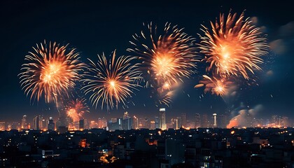 Wall Mural - Vibrant fireworks explode over a sprawling cityscape at night.