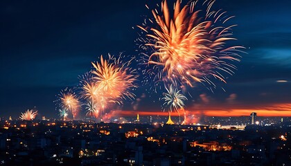 Wall Mural - Vibrant fireworks display over cityscape at night.