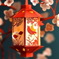 Sticker - A red lantern with a bird on it hangs from a tree. The lantern is lit, and the bird is perched on a branch. Concept of warmth and tranquility, as the lantern's soft glow