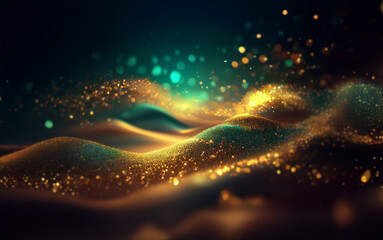 Poster - Shimmering golden sand dunes rise against a dark backdrop with sparkling lights scattered in the background.