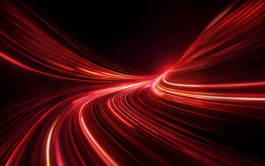 Poster - Red and white light trails curve and converge in the center of a black background.
