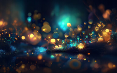 Poster - Glowing orbs of blue and yellow light illuminate a dark, magical forest.