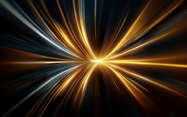 Fototapete - Abstract digital art with bright golden and silver lines converging into a central point.