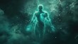 © zeitgenstd - A humanoid energy figure with glowing turquoise veins, levitating in a dark void filled with shimmering particles