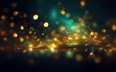 Poster - A dark background is illuminated by a collection of out-of-focus, glowing, gold and green lights.