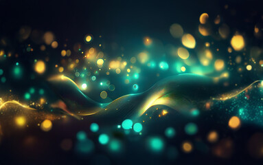 Fototapete - Abstract background with swirling, glowing lights in shades of blue, green, and gold.