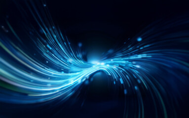 Leinwandbilder - Abstract blue glowing lines and particles swirl against a dark background, resembling a glowing vortex of light.