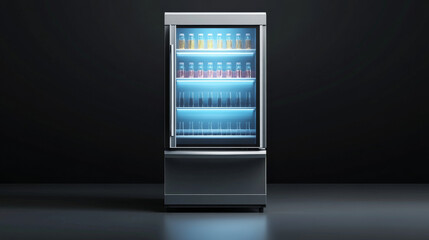 Mini refrigerator for beverages with advertising digital display and transparent close and open glass door. Empty fridge for food or drinks in store. Realistic 3d vector cooler with shelves front view