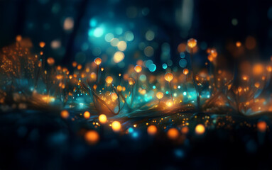 Aufkleber - A mystical forest scene with glowing orbs and abstract flora in a blue and orange light.