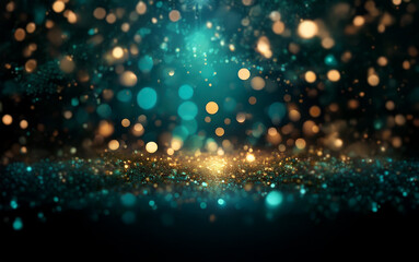 Poster - A dark background with a layer of gold glitter sparkles and an out-of-focus  layer of blue and gold bokeh.