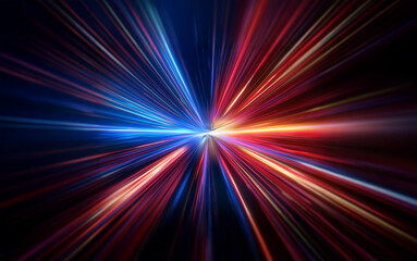 Fototapete - Abstract background of red, blue, and orange light streaks radiating from a central point, evoking a sense of motion and speed.